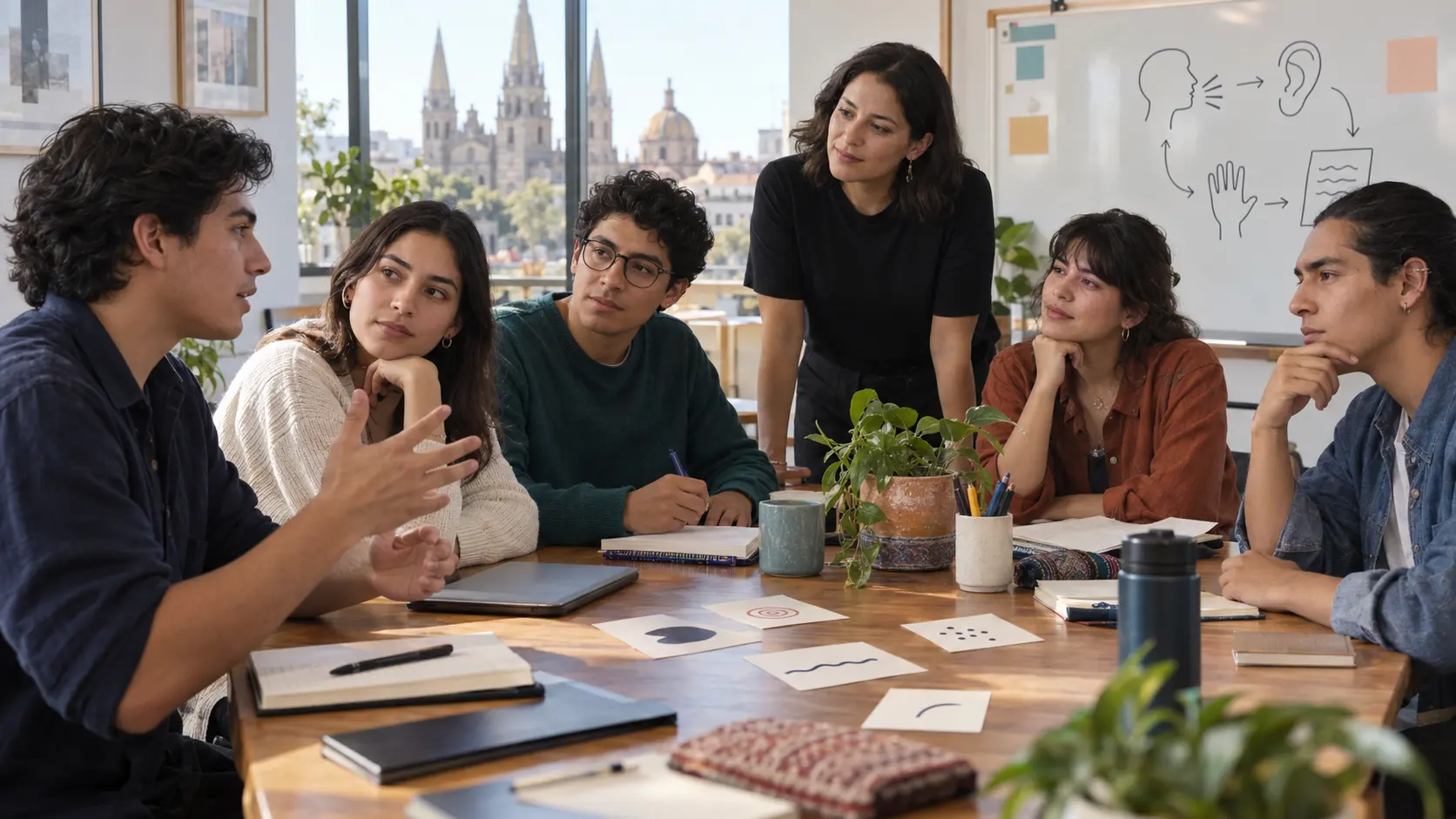 Taller universitario en Guadalajara donde estudiantes comparan la expresión, la escucha y los gestos de un mismo mensaje