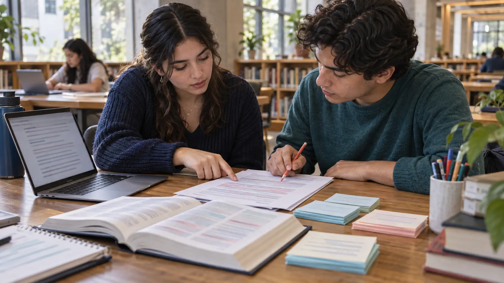 Dos estudiantes universitarios revisan un borrador con notas, estructura, diccionario y edición por capas