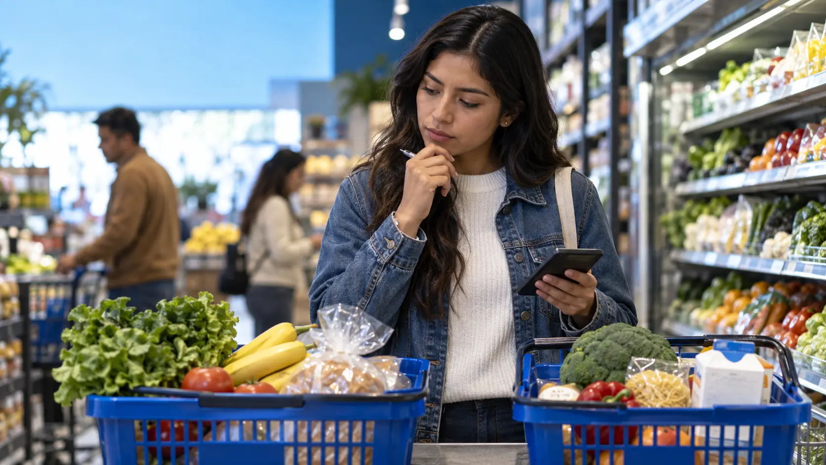 Consumidora comparando cantidades y opciones de compra dentro de un presupuesto