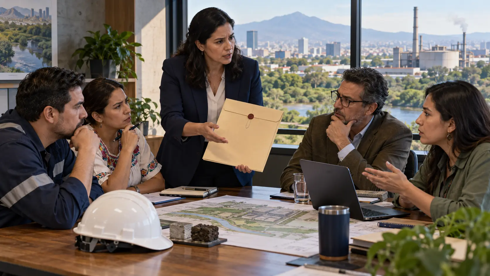 Comité profesional diverso revisando una decisión que afecta trabajo, clientela, comunidad y ambiente